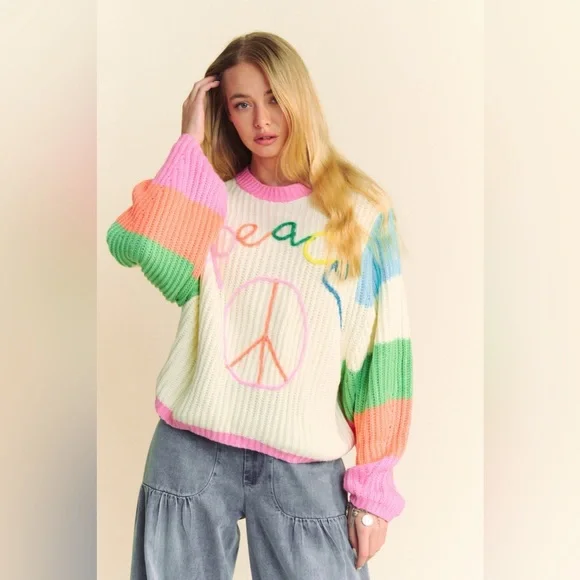 Multicolor Striped Peace Sign Balloon Sleeve Sweater - Davi & Dani - Picture 2 of 8